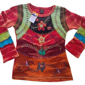 Medium Vtg Rising International Top Womens Embroidered Tie-Dye Boho Mom NWT DS